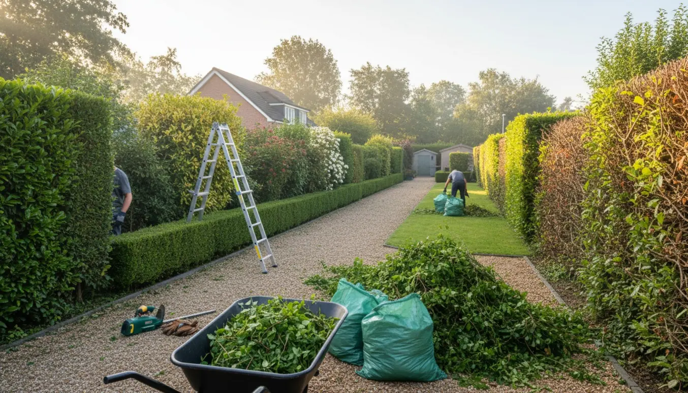 Hækkeklipning i forhave med tre forskellige hække, trillebør og opsamling af afklip.