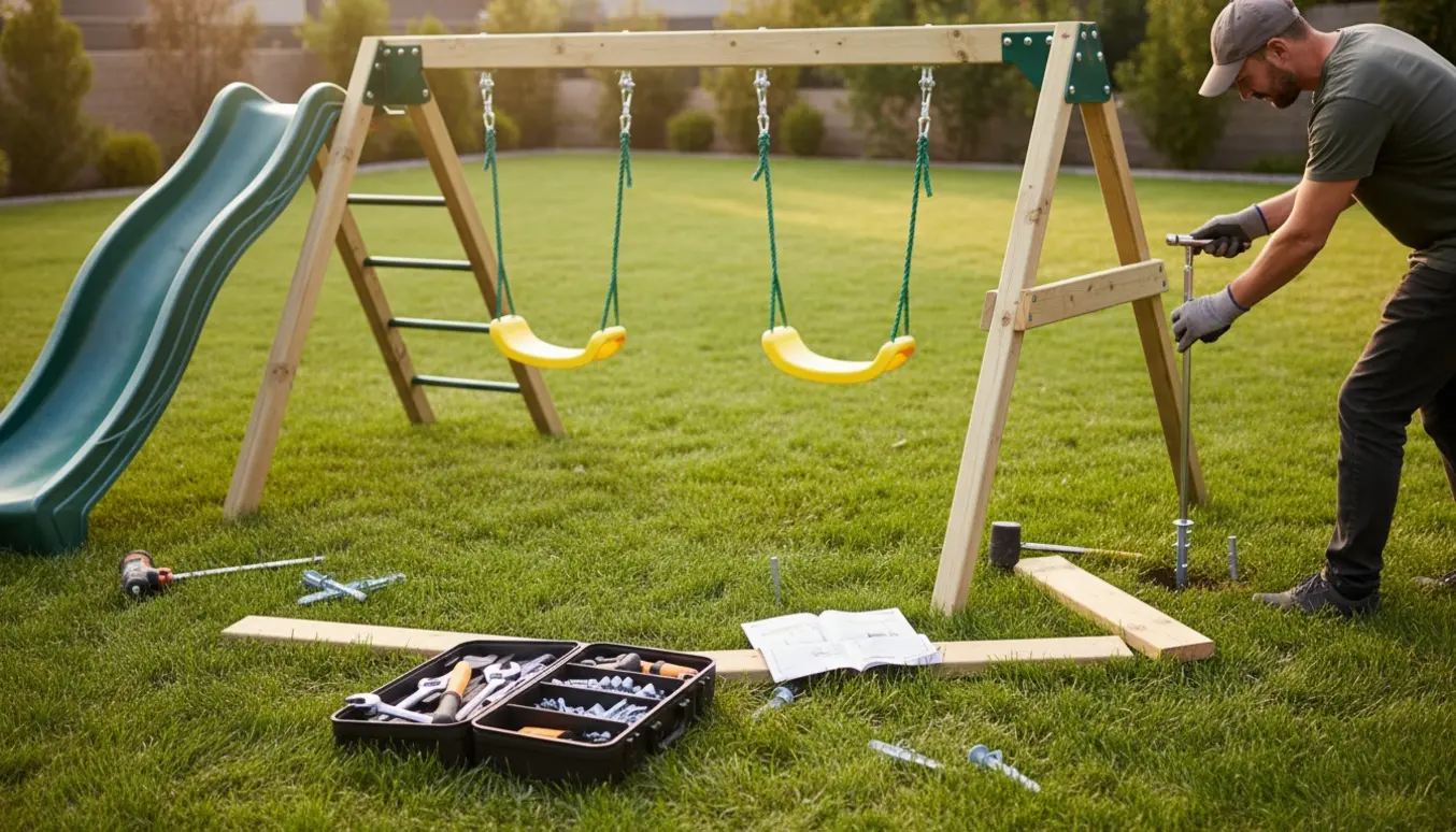 Delvist samlet gyngestativ i baghave med to gynger, lille rutsjebane, værktøj og jordankre synlige.