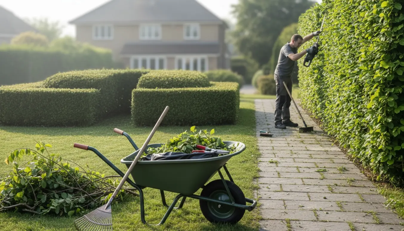 To hække — en lav og en høj bøgehæk — klippes ved en flisegang, mens ukrudt fjernes og haveaffald samles i en trillebør.