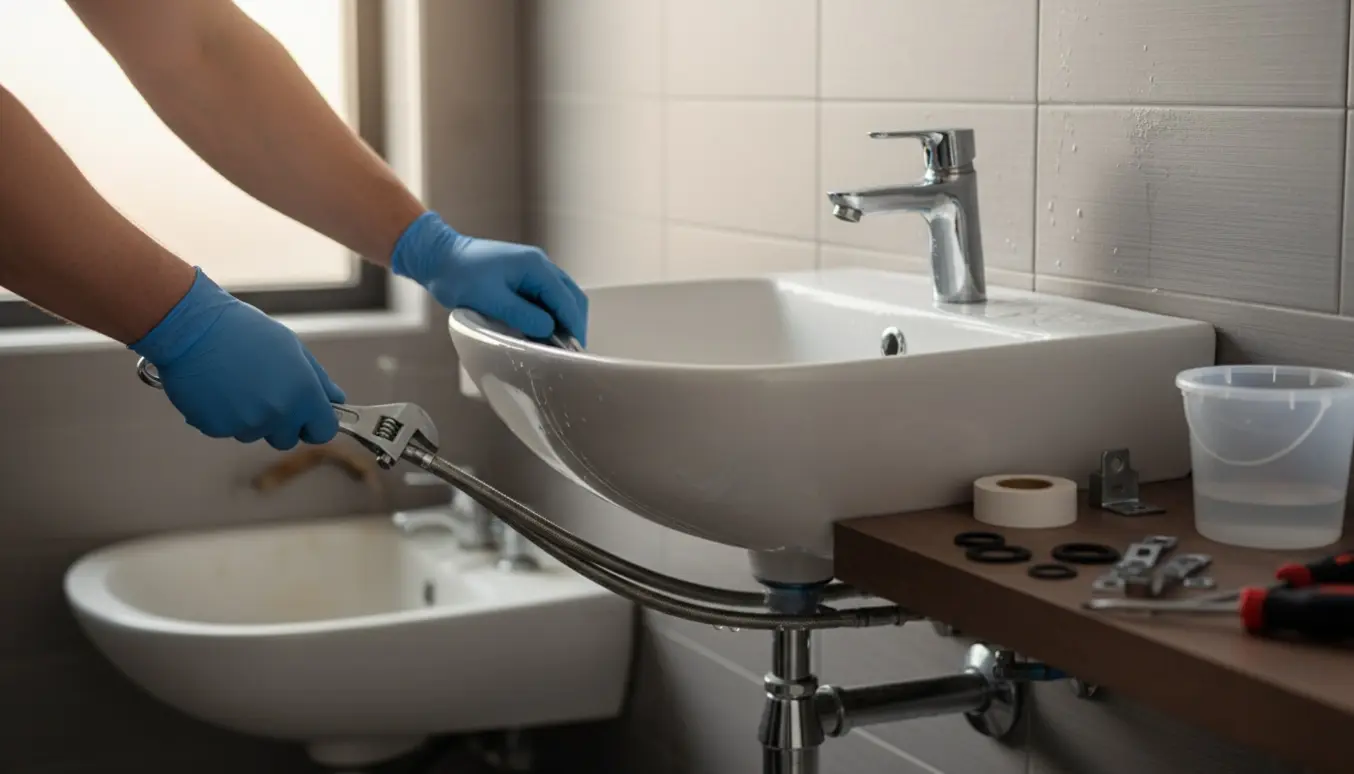 Hænder monterer en ny hvid håndvask i et badeværelse med værktøj og kromdetaljer.