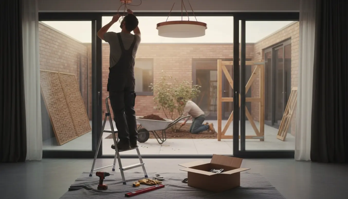 Indendørs montering af loftlampe set gennem terrassedør med hegnspaneler og en rosenbusk, der graves op i gårdhaven.