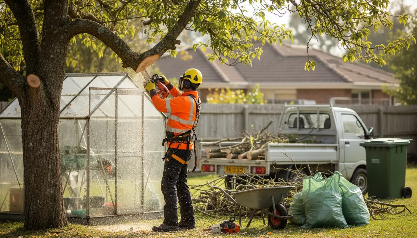 Arborist beskærer et træ i en have, mens afskårne grene samles og læsses til bortkørsel ved siden af et drivhus.