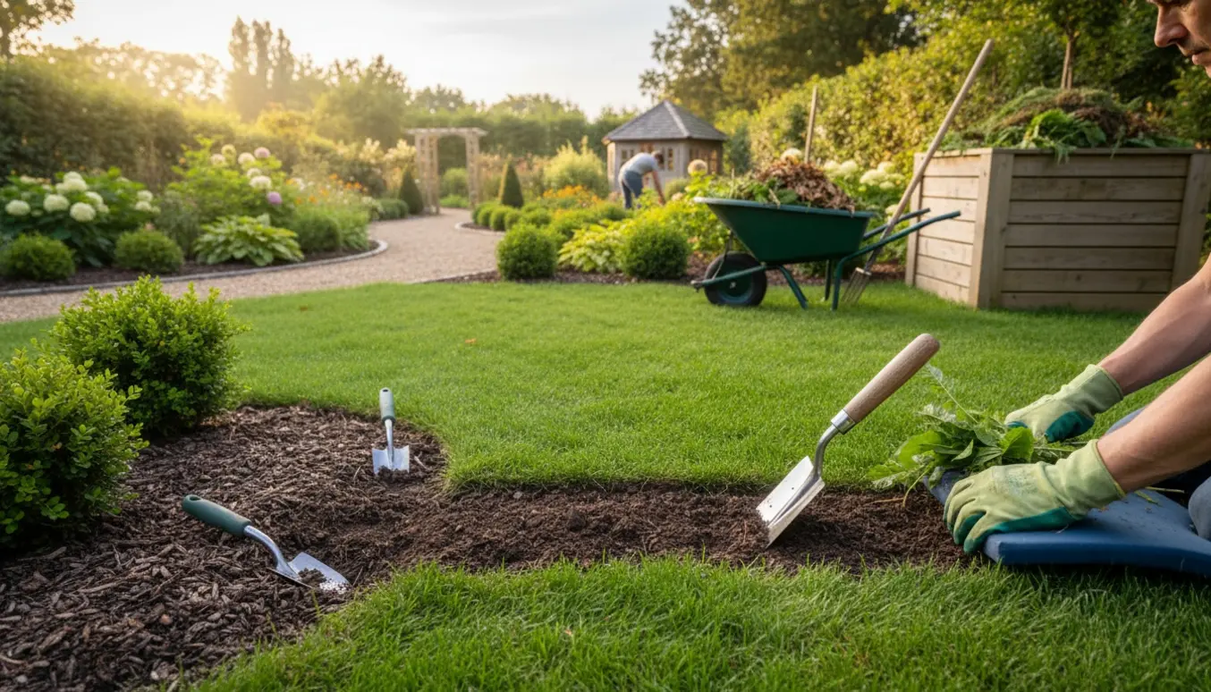 Nærbillede af hånden i havehandske, der luger bed og bruger en afkantningsspade ved kanten af en grøn græsplæne.