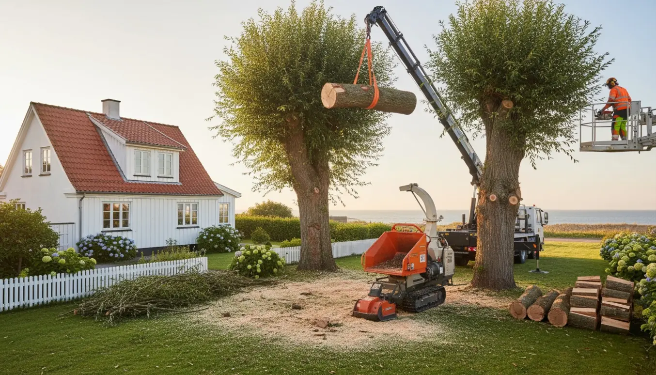 Maskiner fjerner to høje piletræer ved et hus i Grenaa, med stammer stablet til brænde og wood chips på græsset.