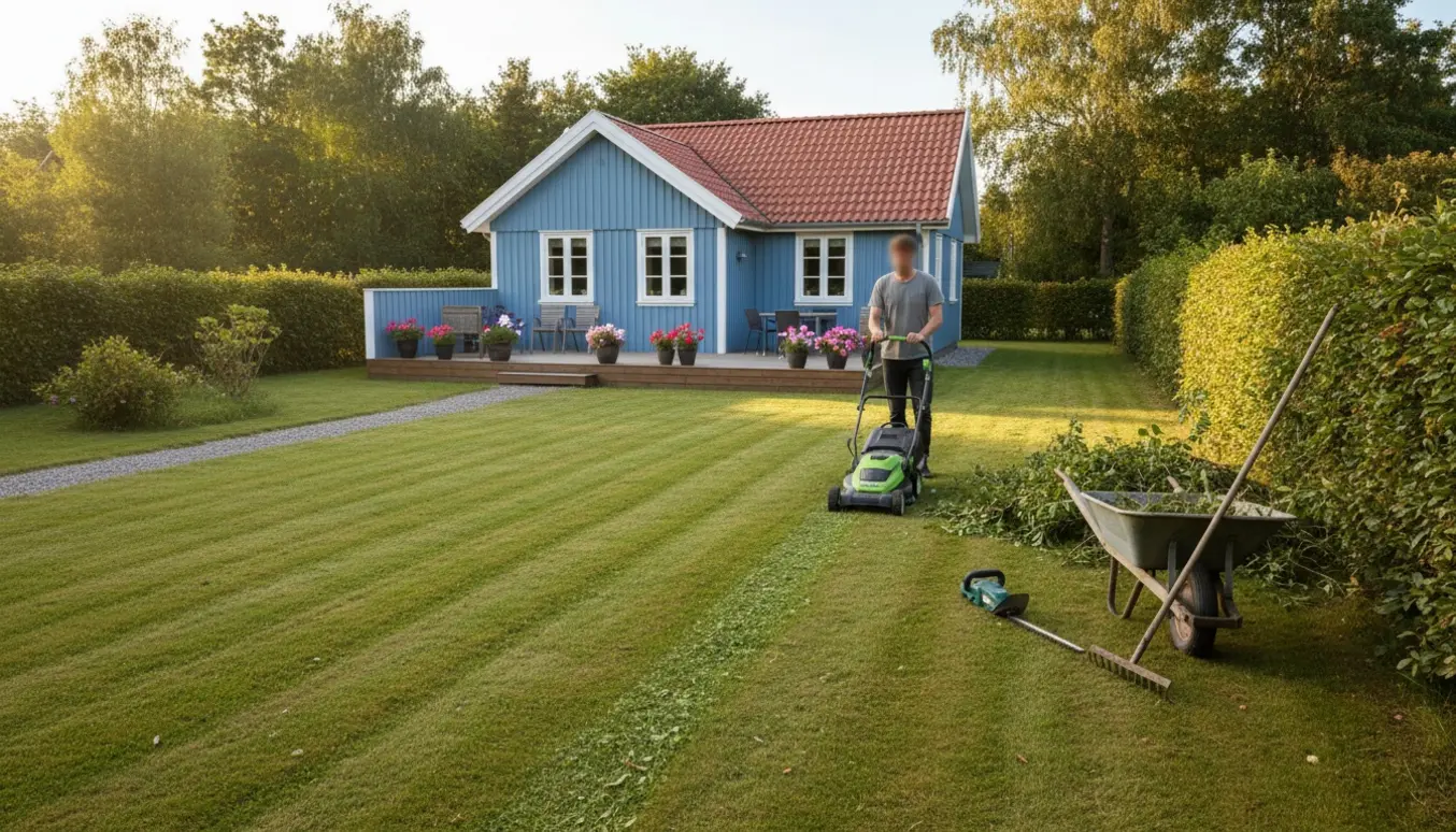 Sommerhusets have i gyldent eftermiddagslys med en person set bagfra, som slår græsset, nyslået hæk og haveredskaber som trillebør og hækkeklipper.