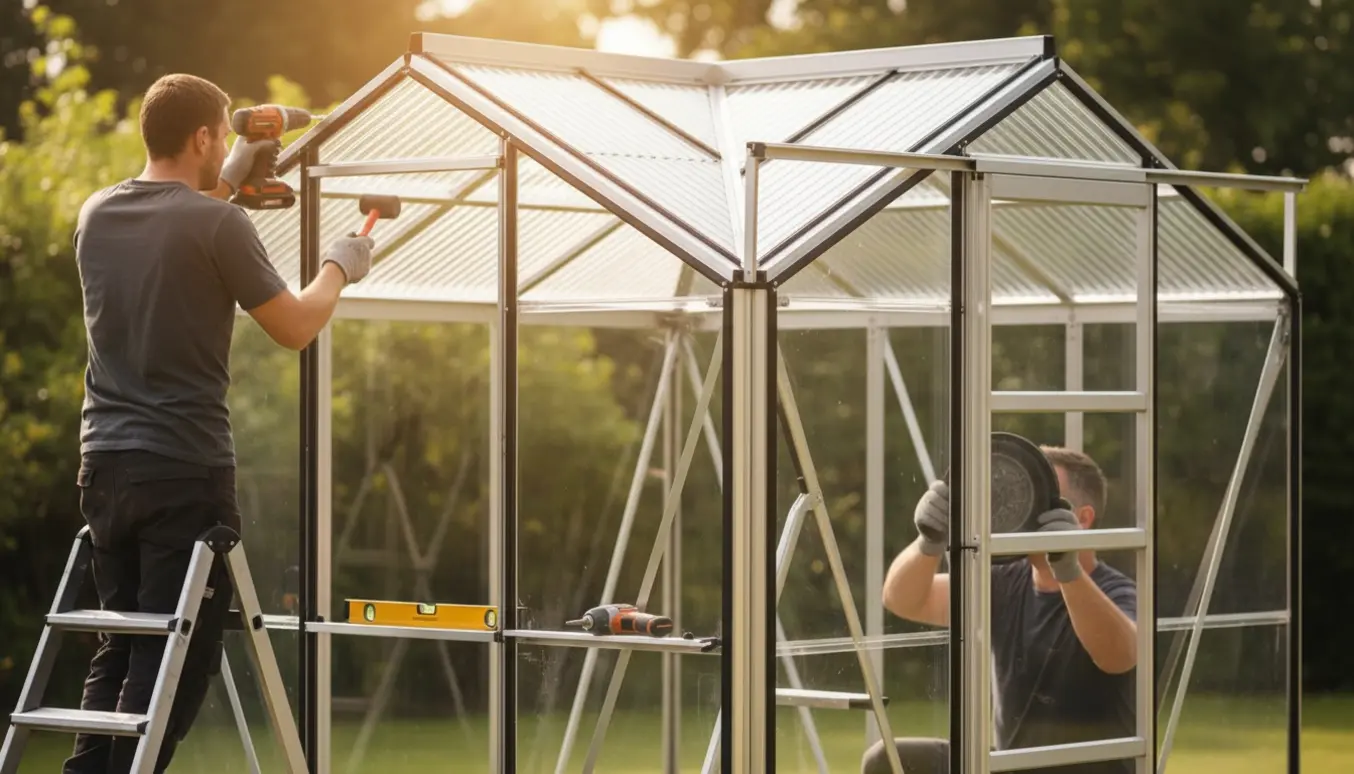Hænder monterer glasruder og polycarbonattag i et nymonteret drivhus i en solrig have.