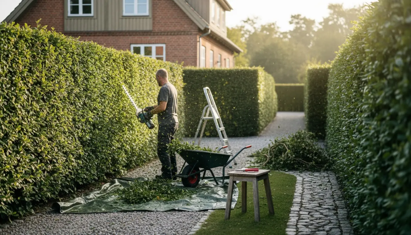 Gartner trimmer en hæk omkring en dansk villa med værktøj og opsamlede afklip.