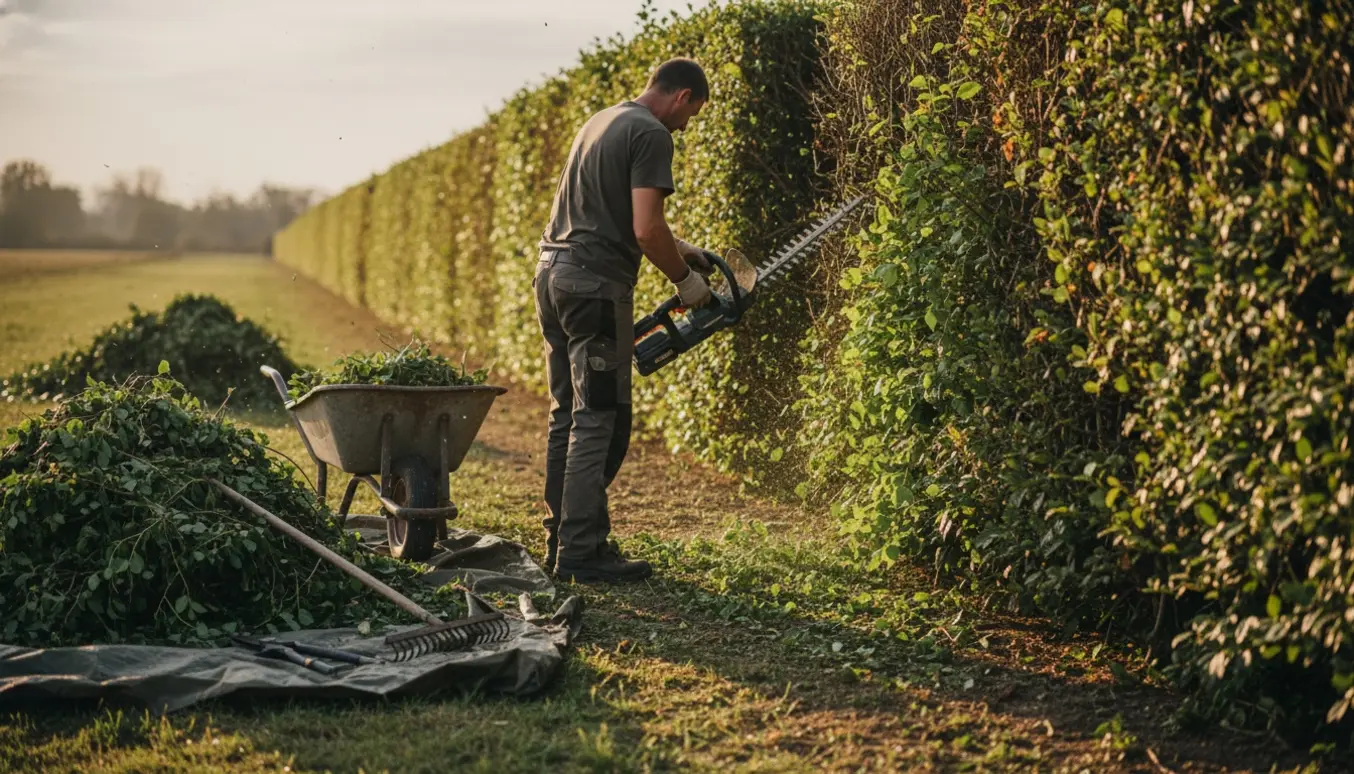 En person klipper en lang hæk med nyskårne grene samlet på tarp og i en trillebør.