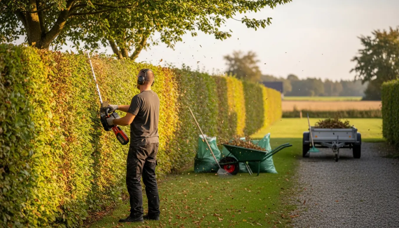 Nyklippet bøgehæk cirka to meter høj langs en privat grund i Varde med værktøj og opsamlede afklip.