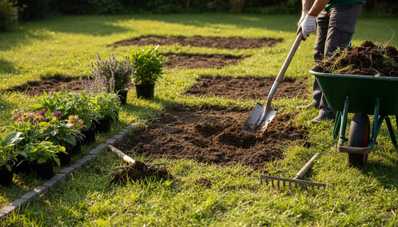 Rensning af græsplæne og plantning af små stauder med spade, rive og trillebør i en baghave.