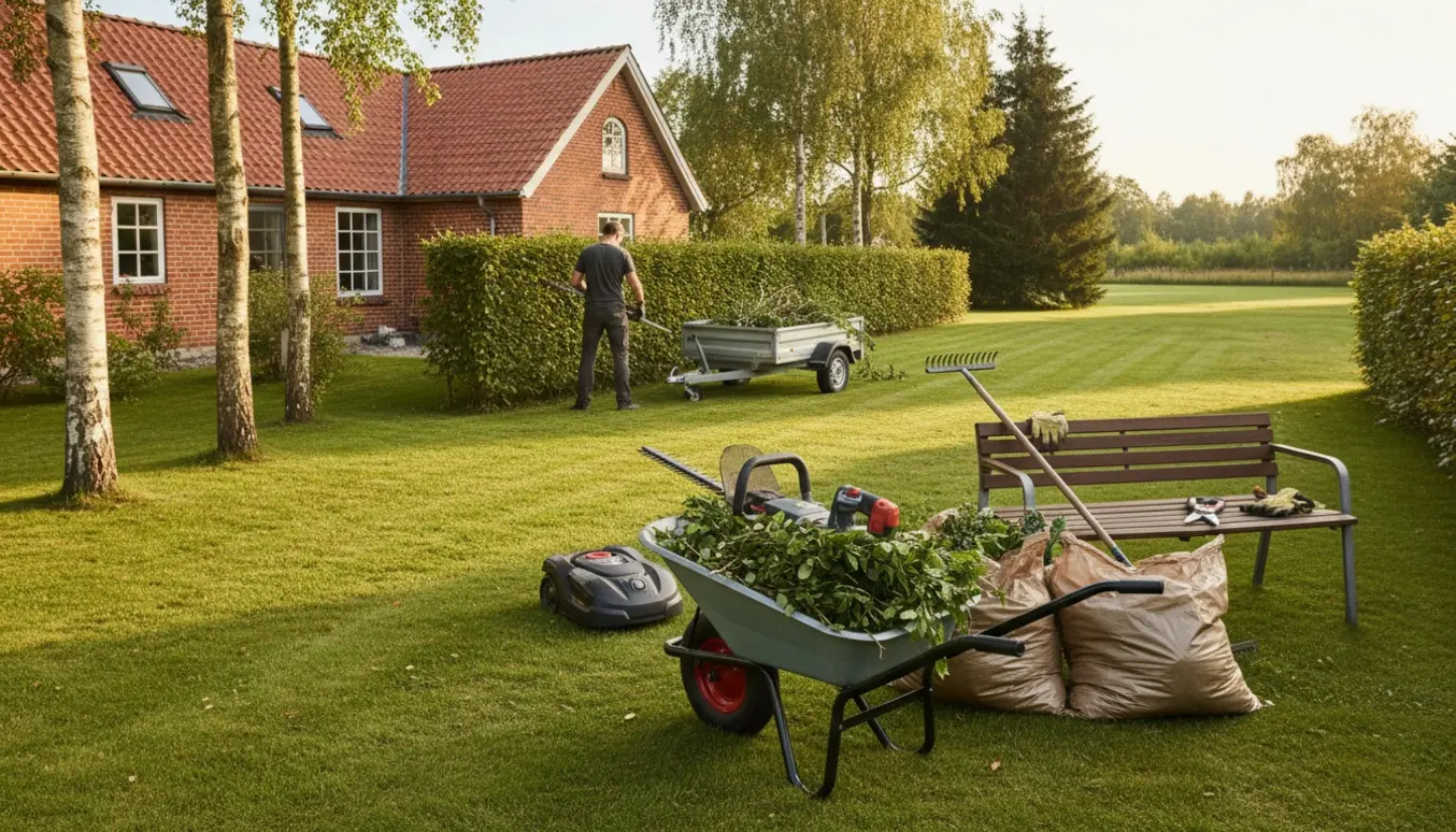 Havearbejde i Silkeborg med græsslåning, hækkeklipning og trailer fyldt med grønt affald.