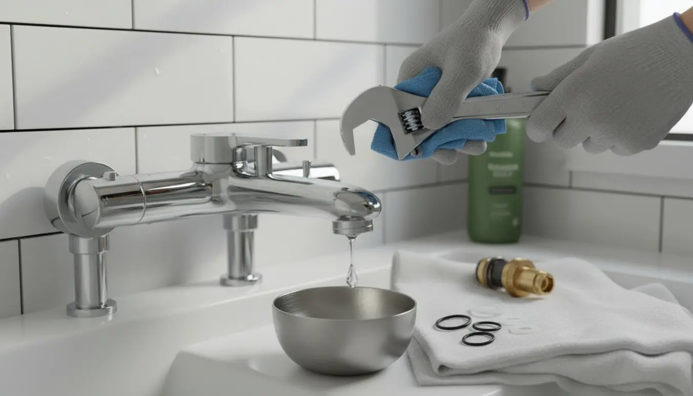 Nærbillede af et dryppende krom bruserarmatur, hvor hænder med skruenøgle reparerer det og opsamler dråber i en skål.