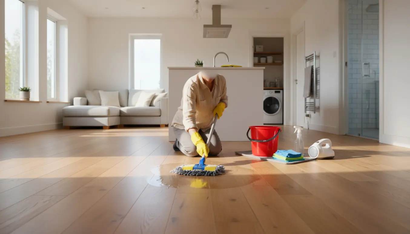 Soloplyst étplans stue hvor en person iført handsker mopper trægulvet med rengøringsmidler og åbne døre til badeværelse og bryggers i baggrunden.