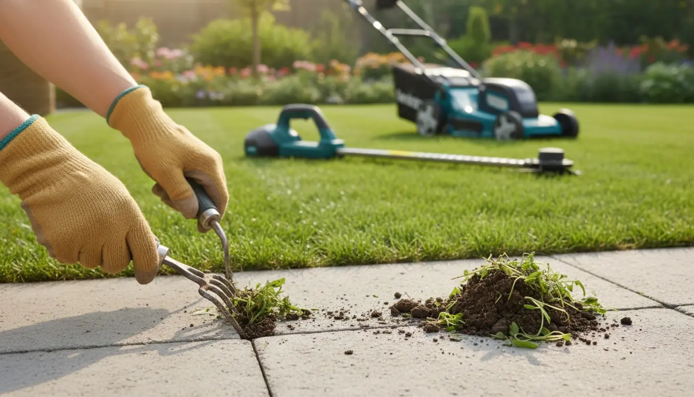 Nærbillede af havearbejde med lugejern mellem fliser, nyslået græs og en kantklipper i baggrunden.