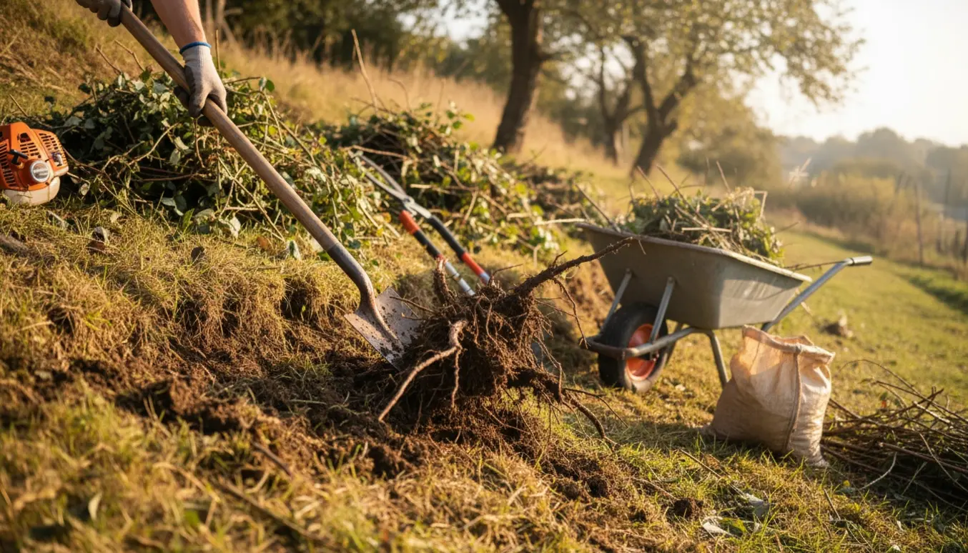 Skrænt klippet helt ned med spade, vogn og bunker af brombær og haveaffald.