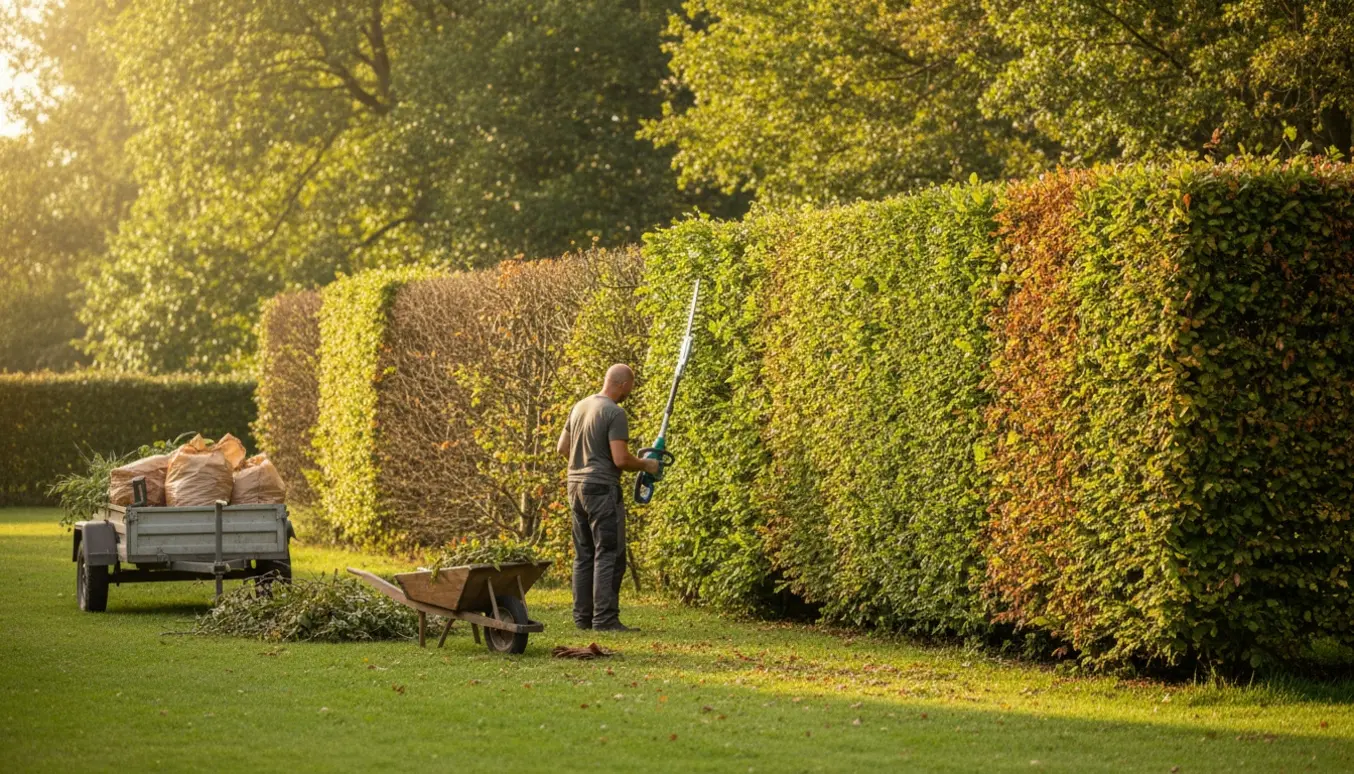 En lang bøgehæk bliver klippet og afklip samlet i trillebør og affaldssække klar til bortkørsel.