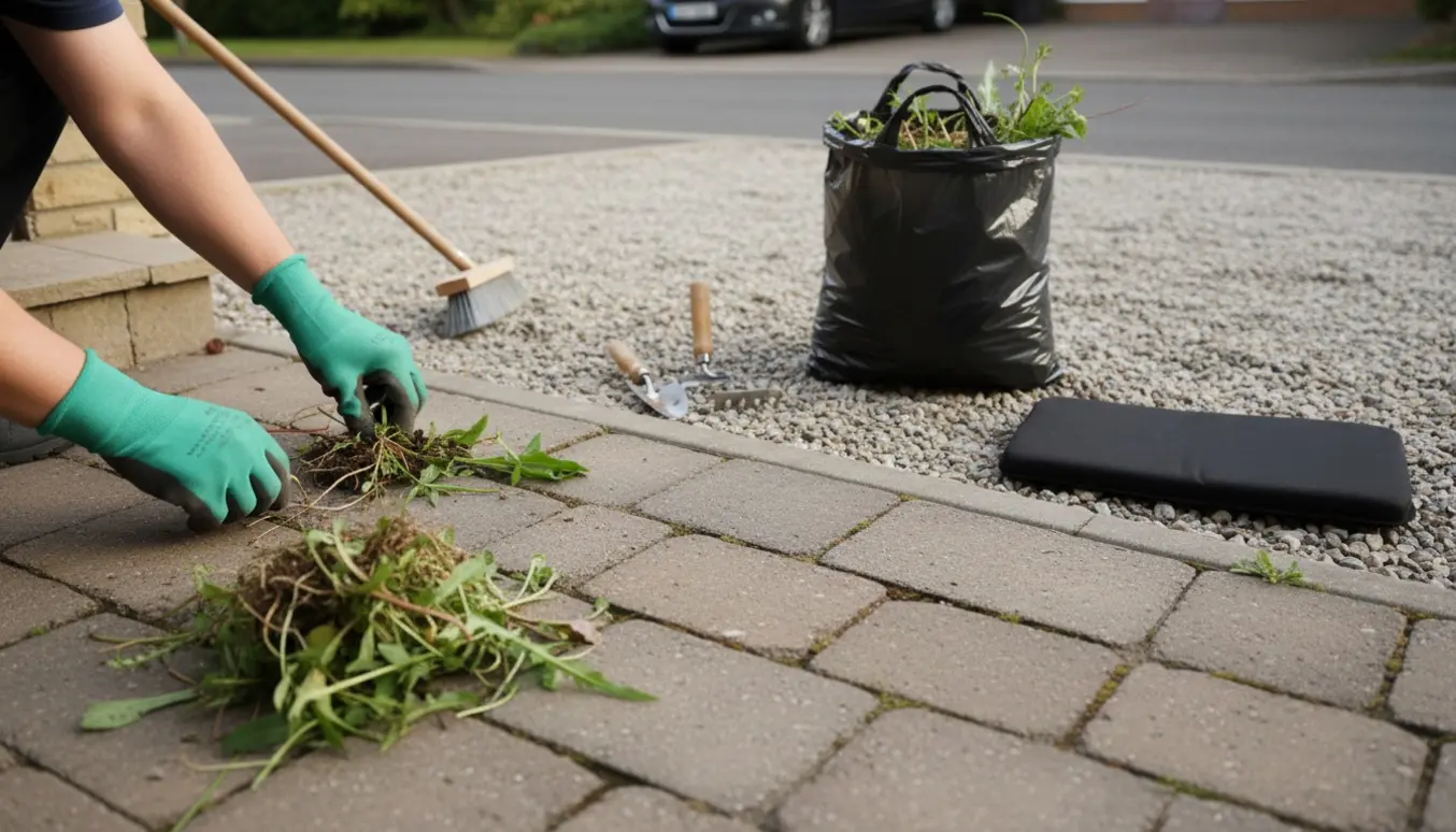 Nærbillede af hænder i handsker, der luger ukrudt mellem fliser og grus ved indgangspartiet med kantsten og affaldssæk i baggrunden.
