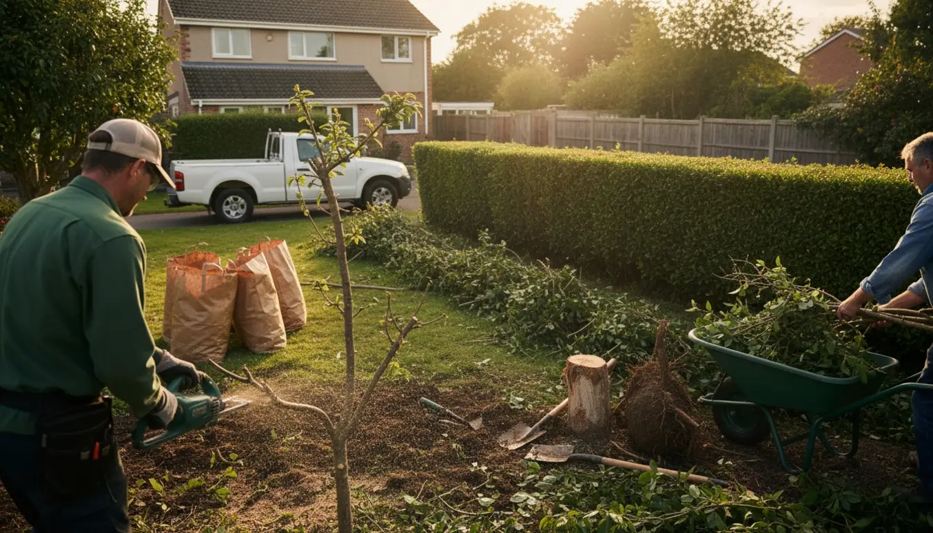 To personer rydder en groet villahave med beskæring, fældning og opgravning af rødder, og bunker af haveaffald klar til bortkørsel.