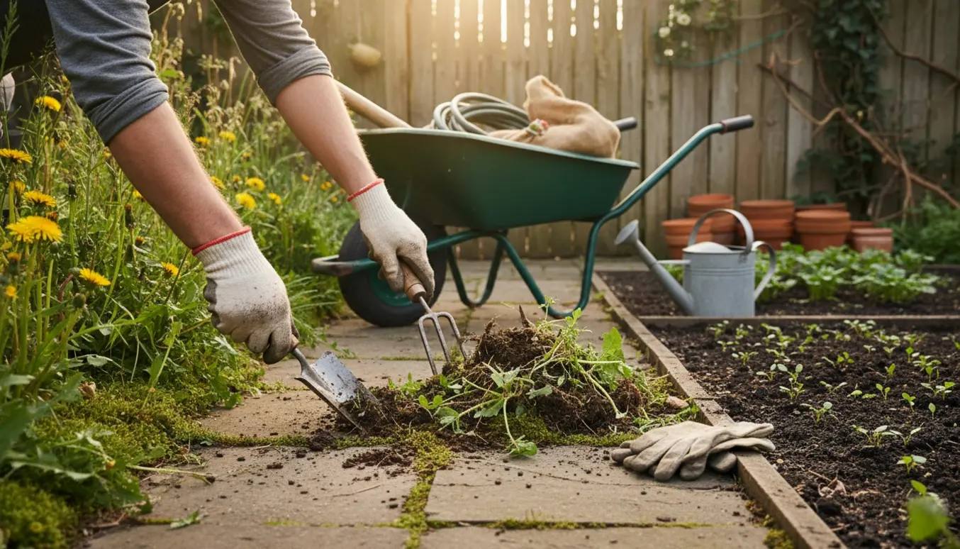 Nærbillede af hænder i handsker, der luger ukrudt fra en forsømt have ved en trillebør og en bunke ukrudt.