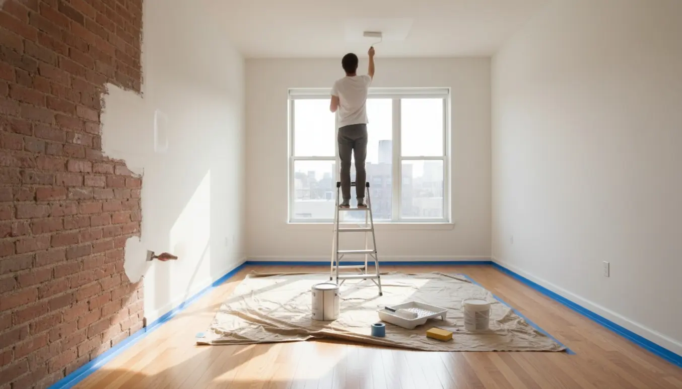 Solbelyst, tom étværelses lejlighed med en person på en lille stige, der maler loftet, synlige spartlede huller og en New Yorker murstensvæg.