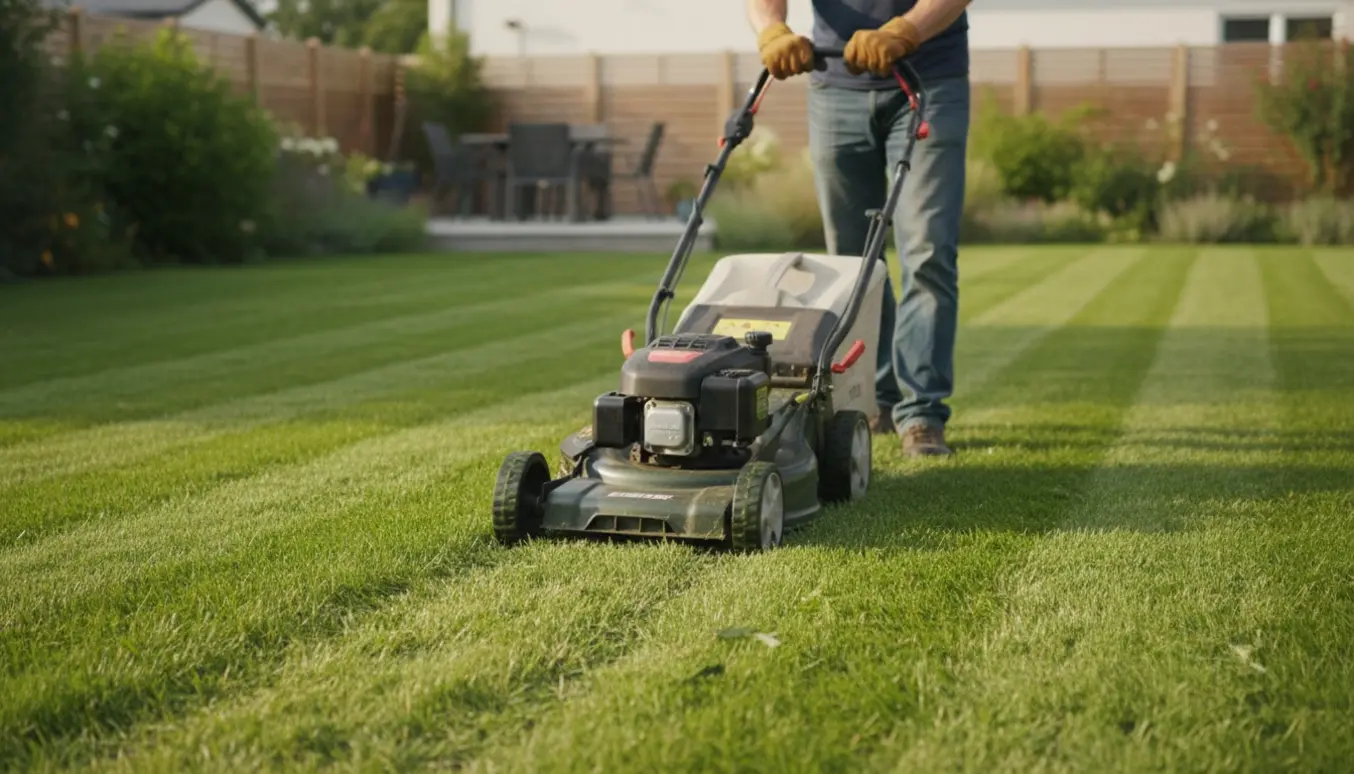 Person skubber en plæneklipper over et jævnt, nyslået græsareal på en solrig dag.