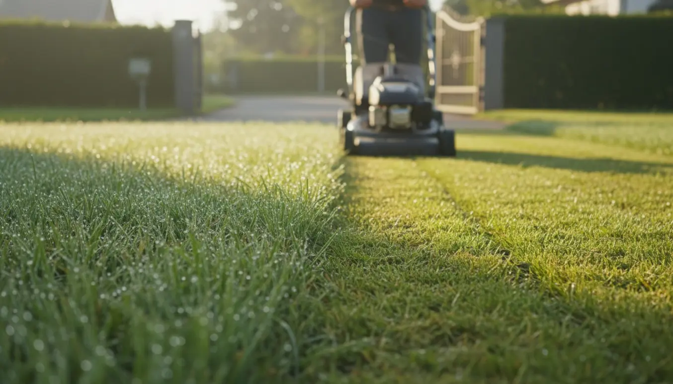 En person slår højt, vådt græs med en umærket plæneklipper på en flad, let tilgængelig græsplæne.
