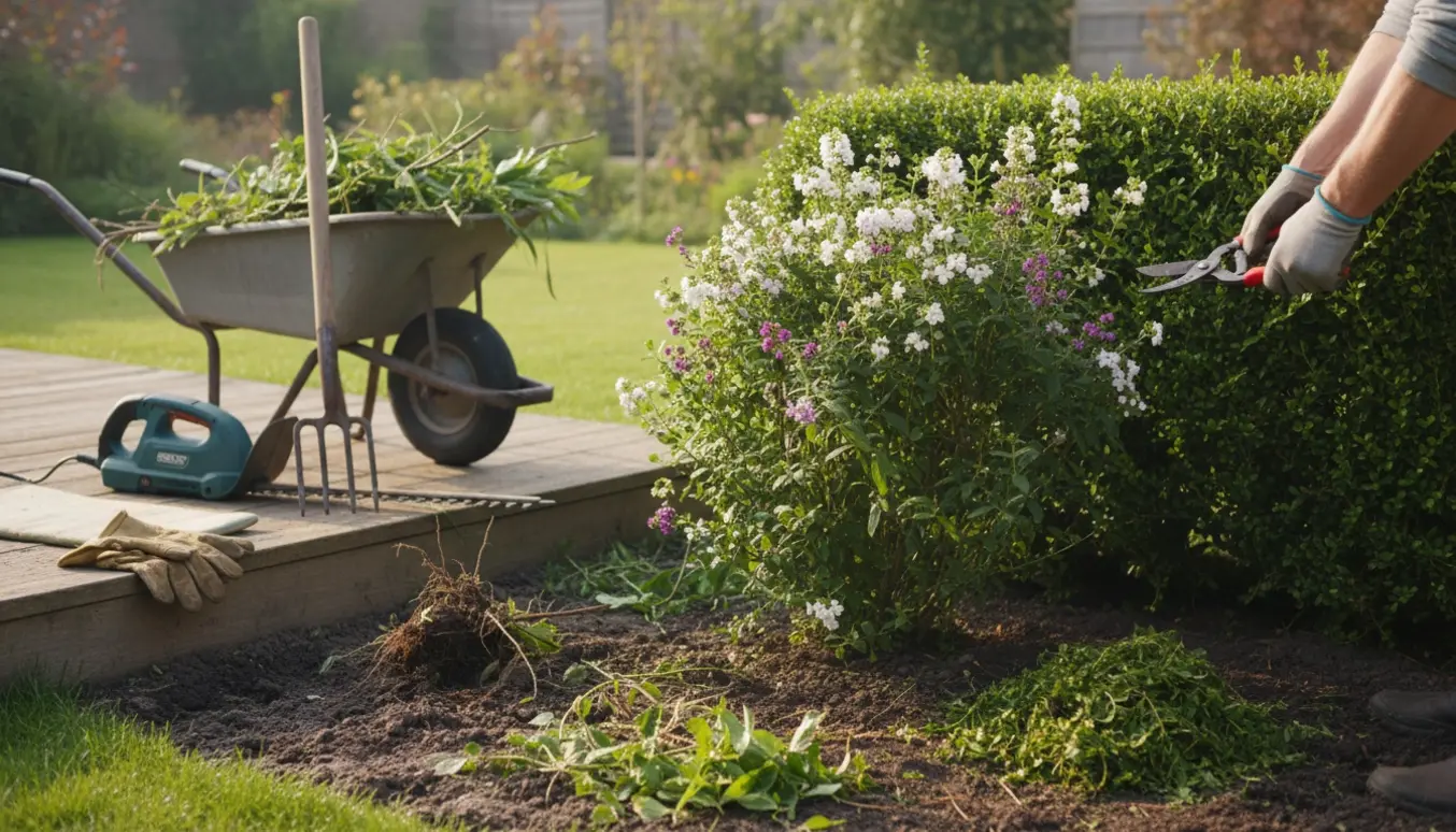 Halvklippet hæk med hænder, beskæresakse og trillebør med afklip i en solrig baghave.