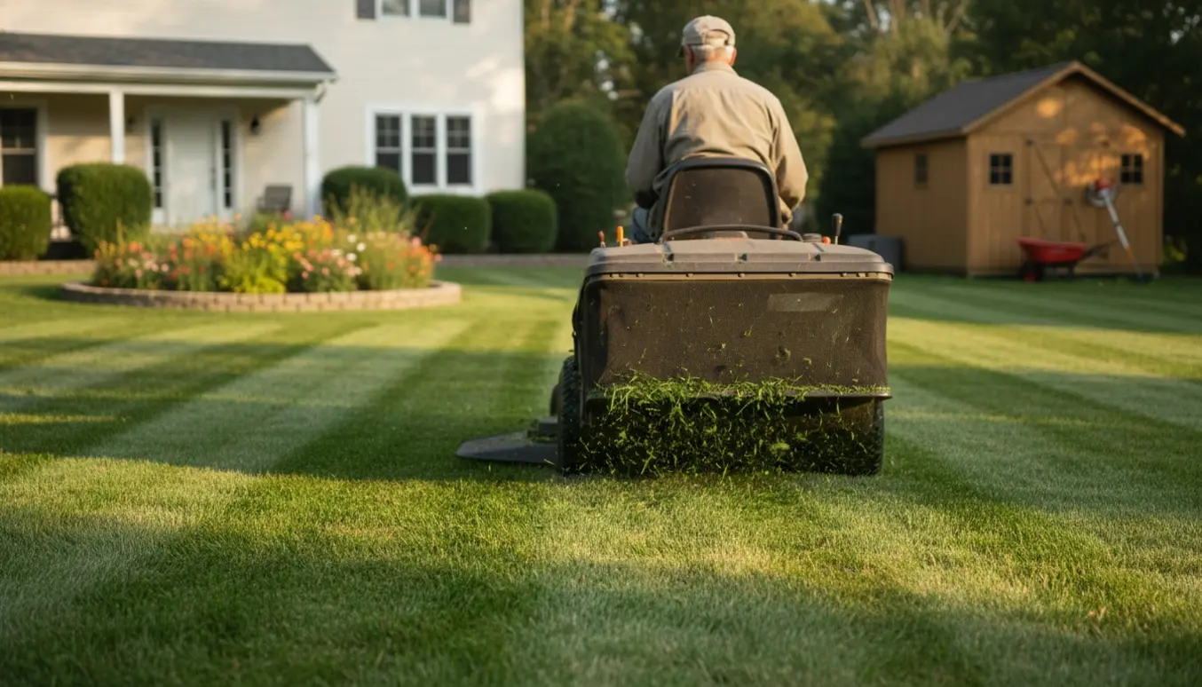 En ride-on plæneklipper klipper en stor græsplæne og efterlader klare striber, set bagfra.