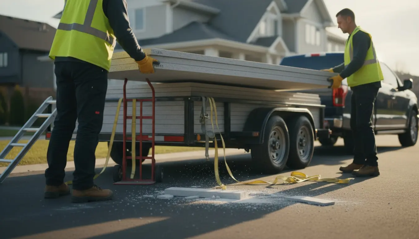 Fermacell fibergipsplader læsses på en trailer i indkørslen, arbejdere løfter pladerne med handsker uden synlige ansigter.