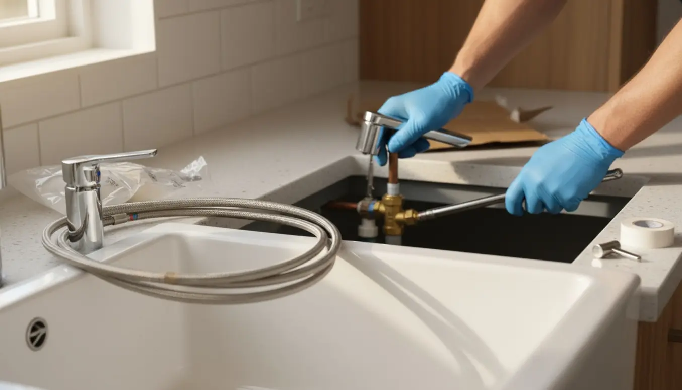 Udskiftning af køkkenarmatur med nyt kromarmatur på bordet og hænder, der arbejder under vask ved stopventil.