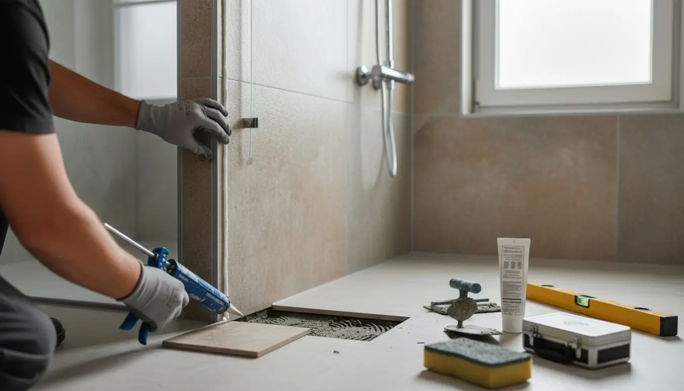 Hænder med fugepistol monterer en brusevæg og sætter en erstatningsflise på en flisevæg i et lyst badeværelse.