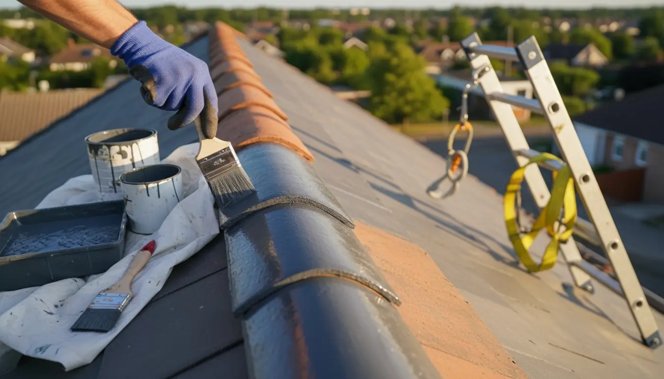 Nærbillede af en handskeklædt hånd, der maler tagryggen; den ene side er nymalet og den anden vejrslidt.