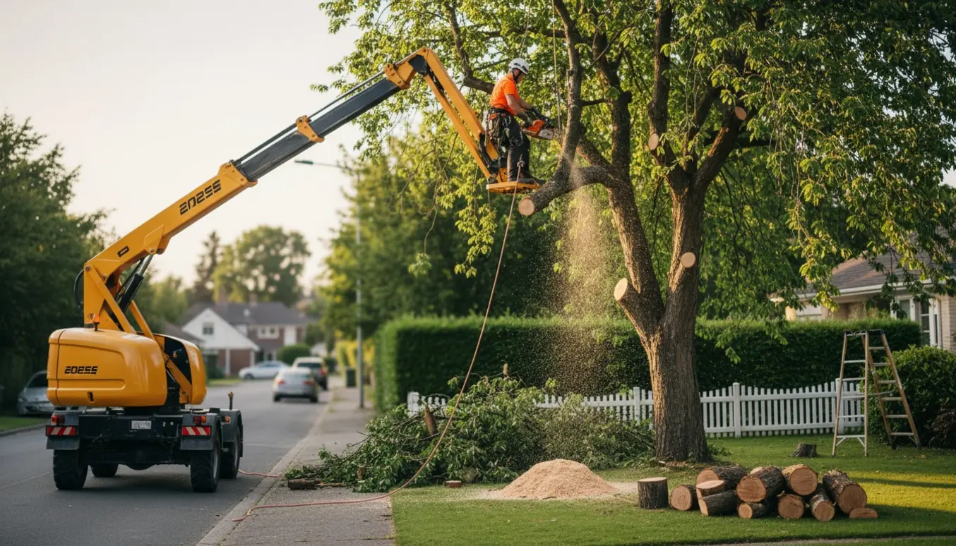 Arborist fælder en ca. 10 m høj hæg fra vejens side med lift, mens grene og stammer ligger stablet i haven.
