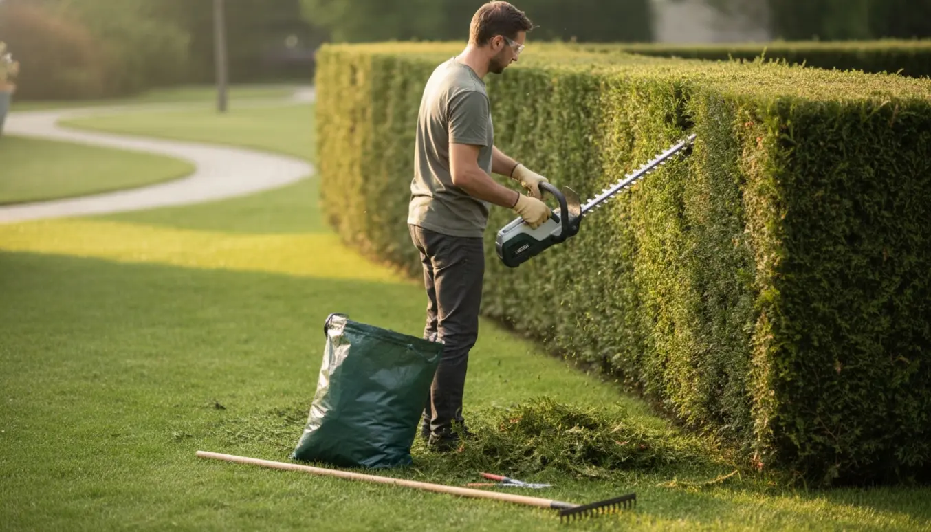 Person klipper en høj, smal tujahæk med elektrisk hækkeklipper, mens afklip samles i en trillebør.