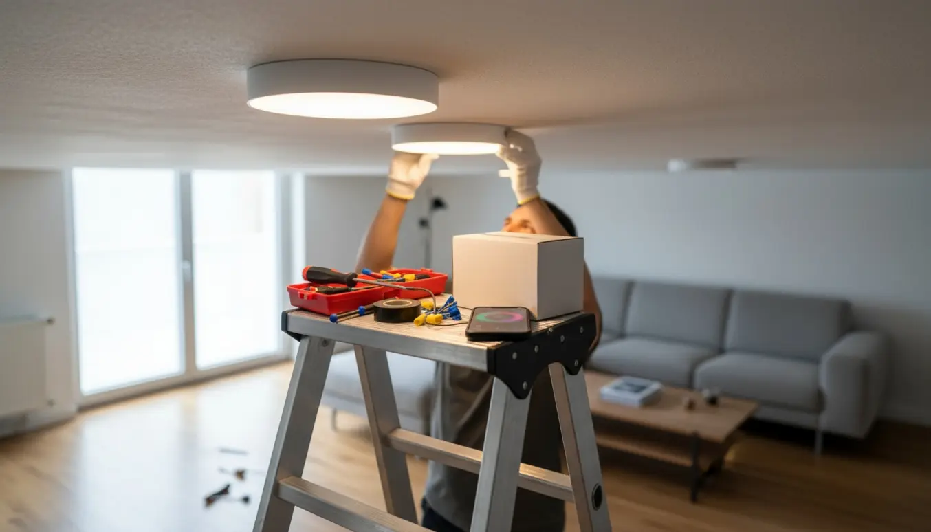 To runde smart-loftlamper installeres i en stue med stige og værktøj.