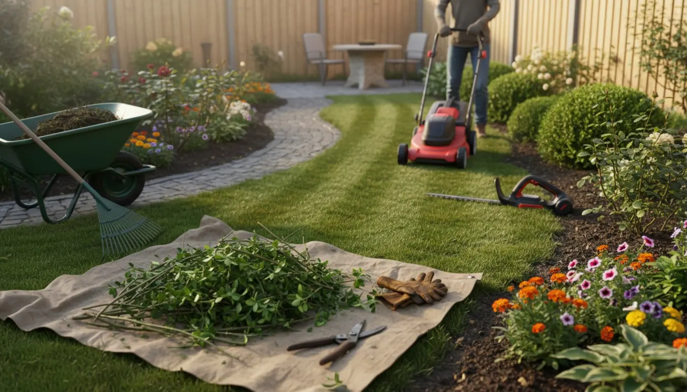 Haveudstyr og en lille have med nyslået græs, nyklippede hække og beskårne buske.
