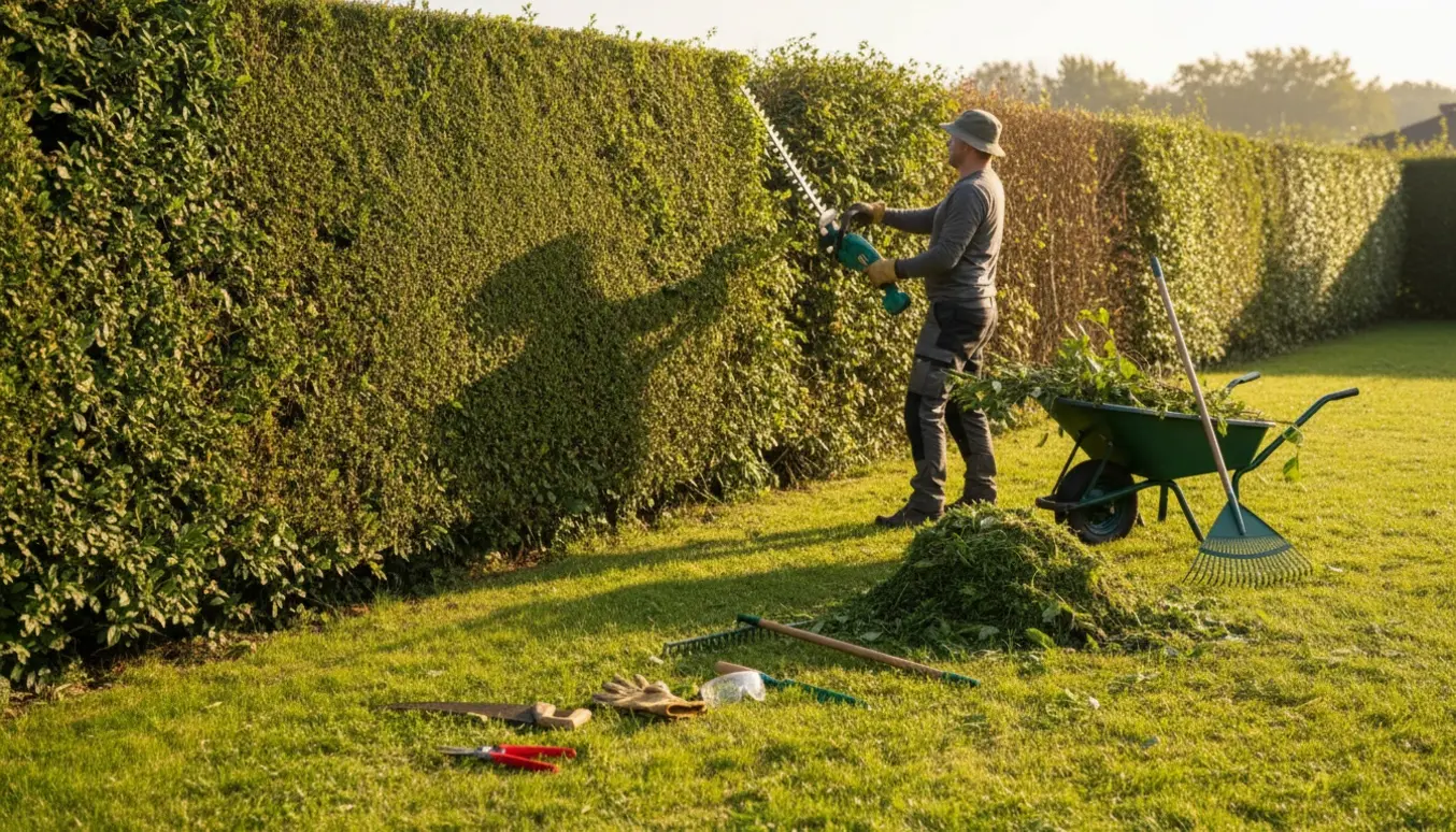 Lang, delvist nyklippet hæk ved siden af haveredskaber og opsamlet ukrudt.