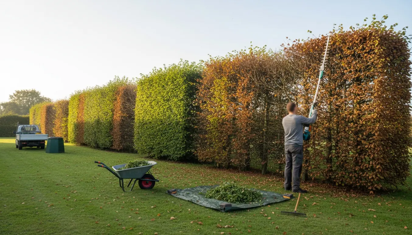 Gartner trimmer en lang bøgehæk med stanghækkeklipper, mens afklip samles i trillebør og på en presenning.