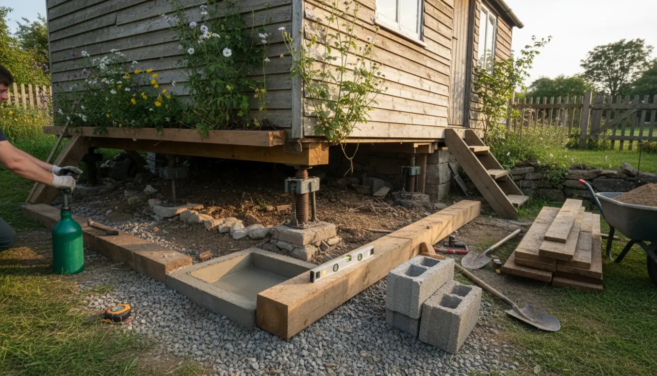 Kolonihavehus løftes på jacks, mens nye betonsokler og værktøj ligger klar.