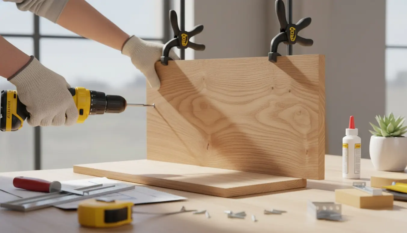 Hænder monterer en lys egetræs hylde på et værksted med boremaskine og værktøj.