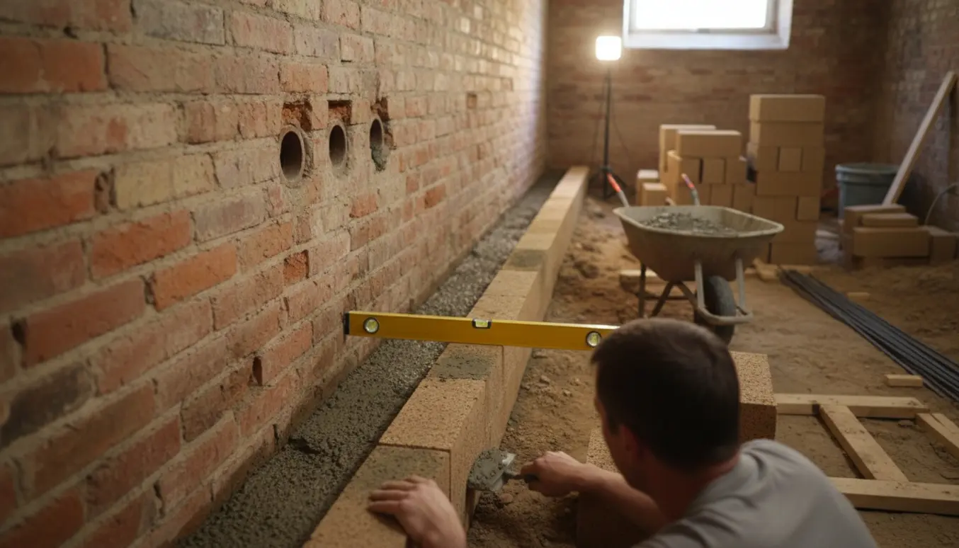 Understøbningsarbejde i kælder med Leca-blokke, mørtel og værktøj, håndværkeres ansigter ikke tydelige.