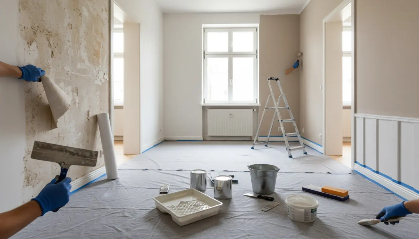 Solbelyst stue under renovering med fjernet savsmuldstapet, spartlede vægge og malerværktøj på afdækning.