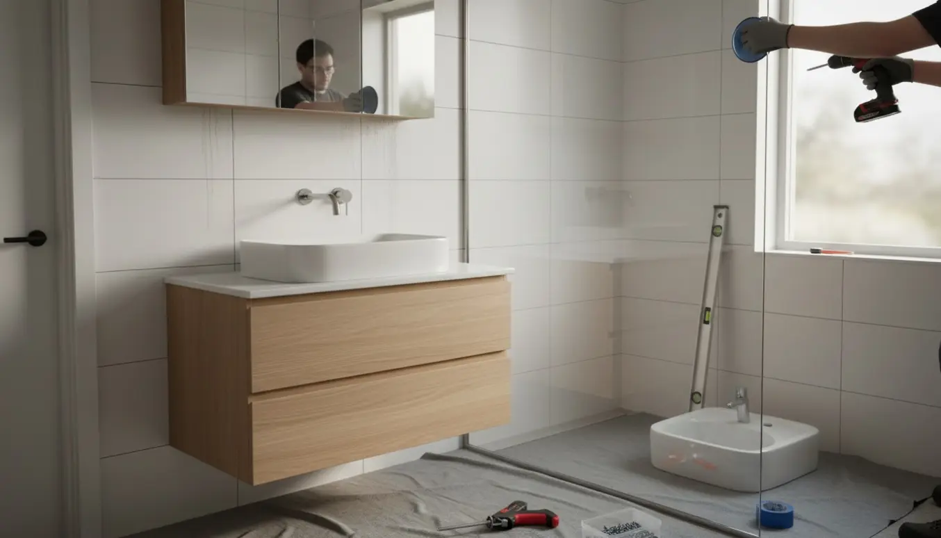 Håndværker monterer nyt badeværelsesskab med vask og sætter en brusevæg på plads i et lyst flisebadeværelse.