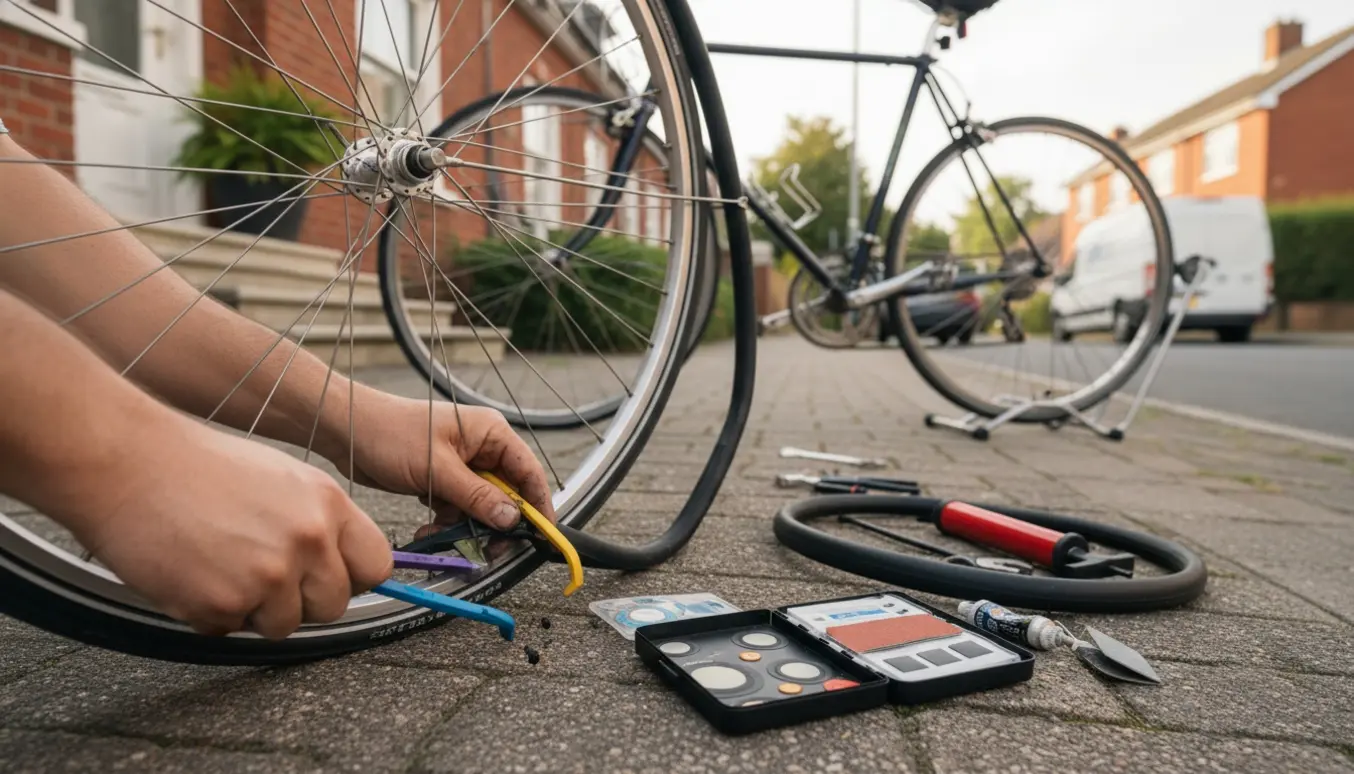 Hænder lapper en punkteret cykelslange på fortovet ved to cykler.