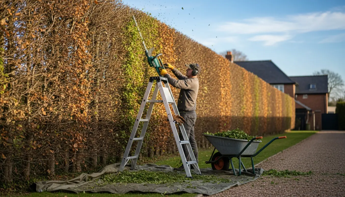 Gartner trimmer en ca. 2 m høj bøgehæk med hækkeklipper, stige og trillebør til afklip.