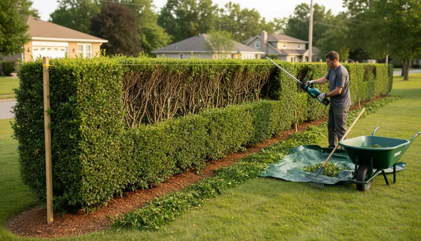Person klipper en lang tæt hæk med en elektrisk hækkeklipper, mens afklip samles i en trillebør.