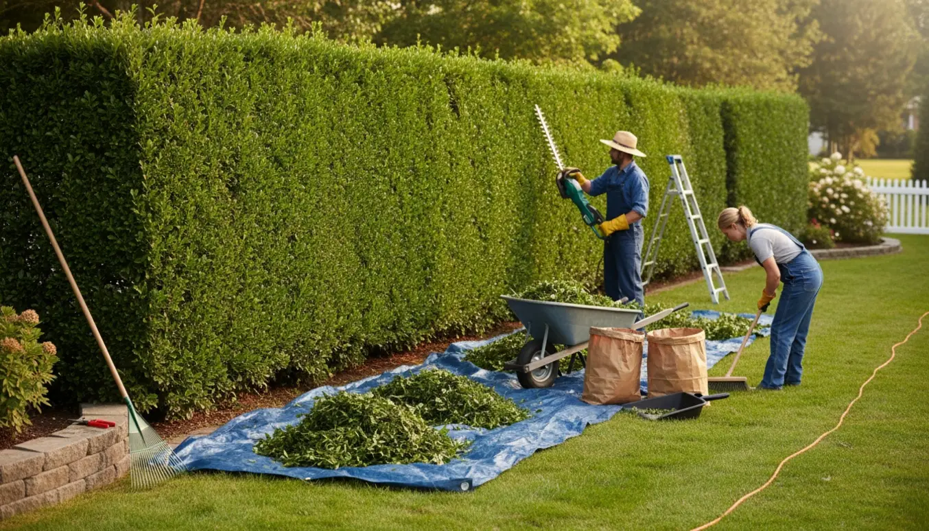 Nyklippet hæk i en villahave, set bagfra mens en person fejer klip sammen til sække.
