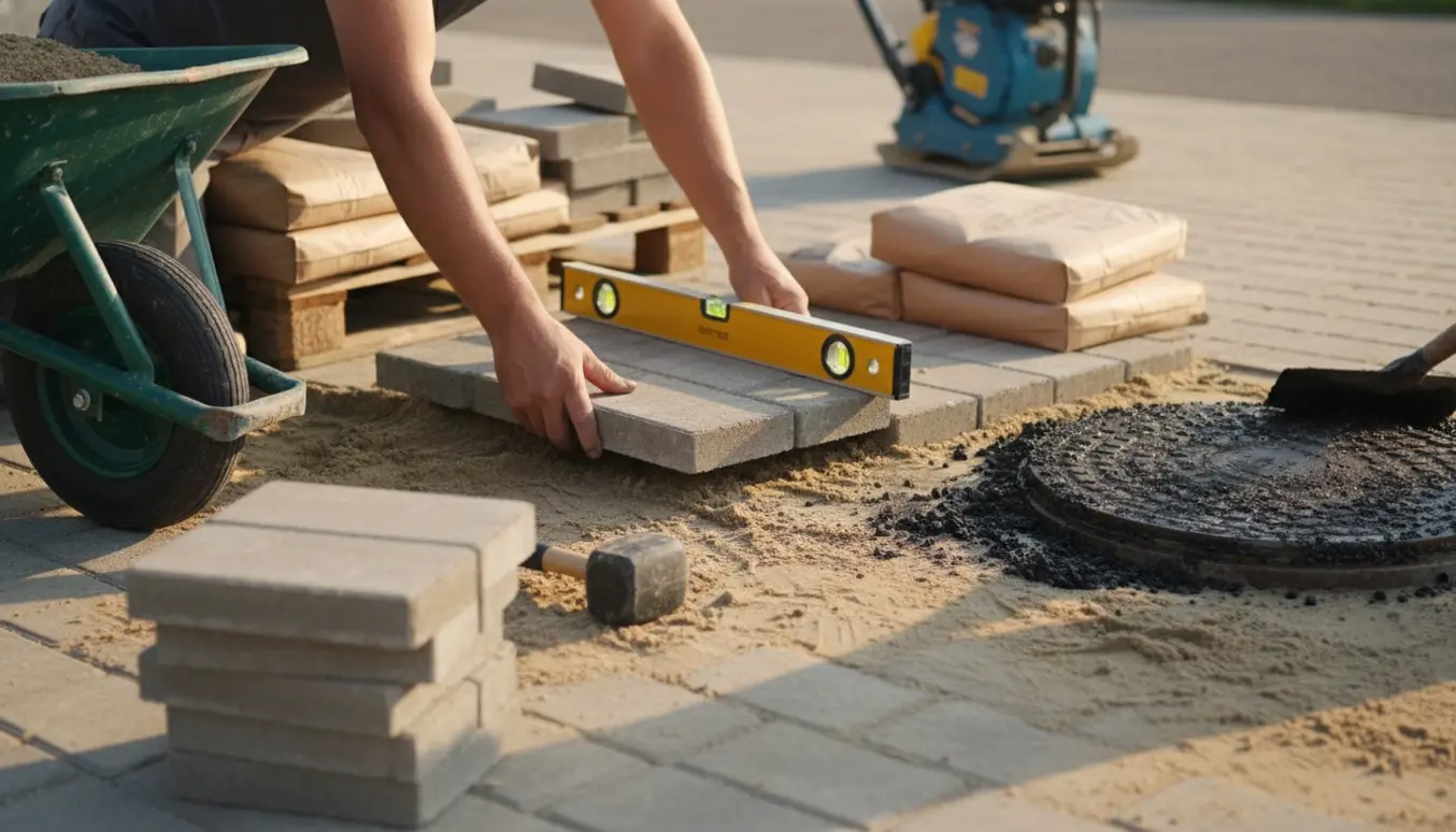 Hænder retter og lægger fliser ved en indkørsel, med frisk asfalt omkring et brønddæksel.