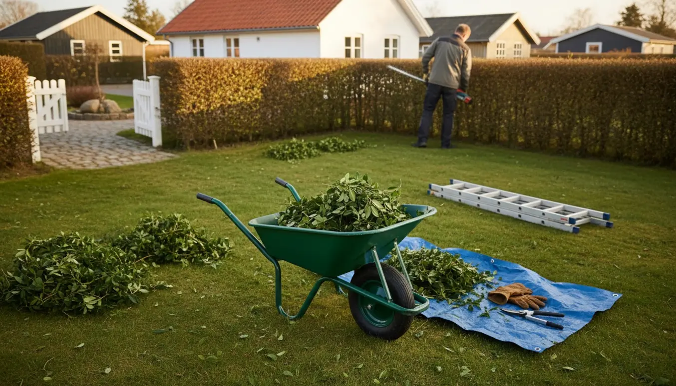 Nyklippede hække og haveredskaber omkring et andelshus i en dansk haveforening nær Dragør.