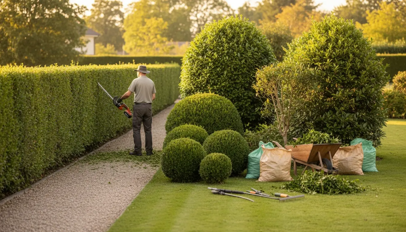 Beskæring af ligusterhæk og formklipning af buksbom med grønt affald i en trillebør.
